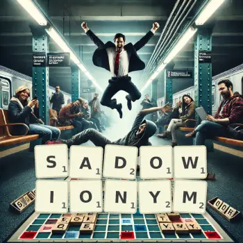 Kreatywna ilustracja do gry w Scrabble ze słowem SADOWIONYM ułożonym z płytek na planszy.