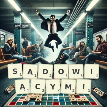 Kreatywna ilustracja do gry w Scrabble ze słowem SADOWIĄCYMI ułożonym z płytek na planszy.