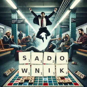 Kreatywna ilustracja do gry w Scrabble ze słowem SADOWNIK ułożonym z płytek na planszy.