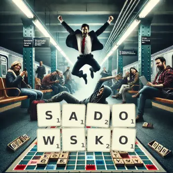 Kreatywna ilustracja do gry w Scrabble ze słowem SADOWSKO ułożonym z płytek na planszy.