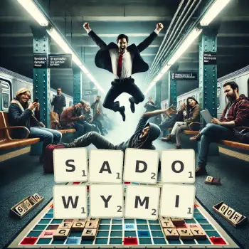 Kreatywna ilustracja do gry w Scrabble ze słowem SADOWYMI ułożonym z płytek na planszy.