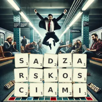 Kreatywna ilustracja do gry w Scrabble ze słowem SADZARSKOSCIAMI ułożonym z płytek na planszy.