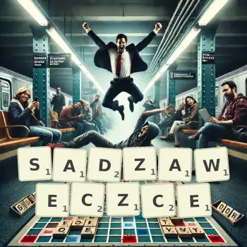Kreatywna ilustracja do gry w Scrabble ze słowem SADZAWECZCE ułożonym z płytek na planszy.