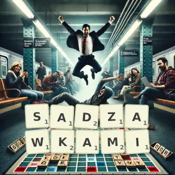 Kreatywna ilustracja do gry w Scrabble ze słowem SADZAWKAMI ułożonym z płytek na planszy.