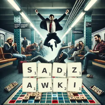 Kreatywna ilustracja do gry w Scrabble ze słowem SADZAWKI ułożonym z płytek na planszy.