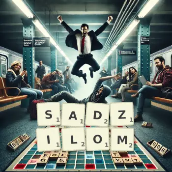 Kreatywna ilustracja do gry w Scrabble ze słowem SADZILOM ułożonym z płytek na planszy.