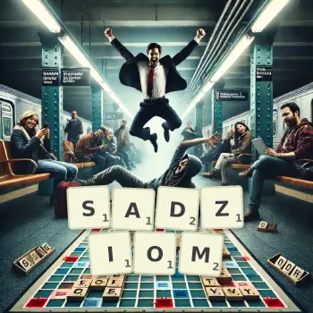 Kreatywna ilustracja do gry w Scrabble ze słowem SADZIOM ułożonym z płytek na planszy.