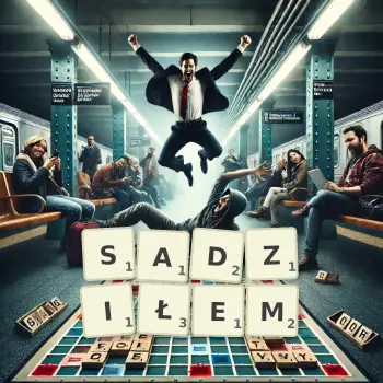 Kreatywna ilustracja do gry w Scrabble ze słowem SADZIŁEM ułożonym z płytek na planszy.