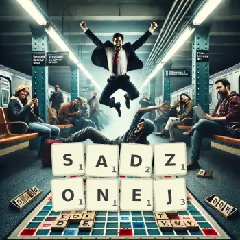 Kreatywna ilustracja do gry w Scrabble ze słowem SADZONEJ ułożonym z płytek na planszy.