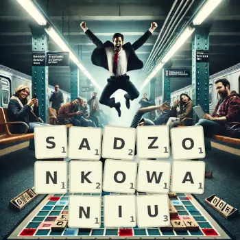 Kreatywna ilustracja do gry w Scrabble ze słowem SADZONKOWANIU ułożonym z płytek na planszy.