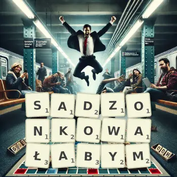 Kreatywna ilustracja do gry w Scrabble ze słowem SADZONKOWAŁABYM ułożonym z płytek na planszy.