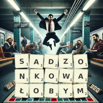 Kreatywna ilustracja do gry w Scrabble ze słowem SADZONKOWAŁOBYM ułożonym z płytek na planszy.