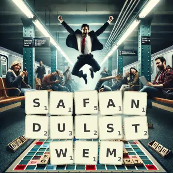 Kreatywna ilustracja do gry w Scrabble ze słowem SAFANDULSTWEM ułożonym z płytek na planszy.