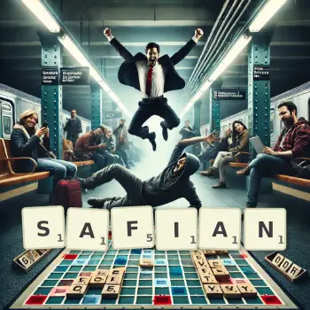 Kreatywna ilustracja do gry w Scrabble ze słowem SAFIAN ułożonym z płytek na planszy.