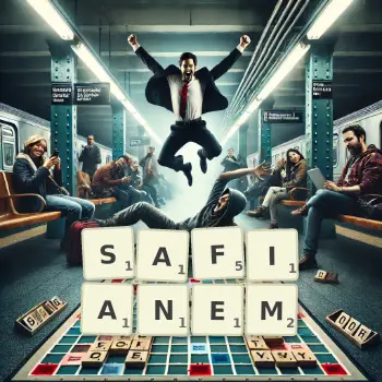 Kreatywna ilustracja do gry w Scrabble ze słowem SAFIANEM ułożonym z płytek na planszy.