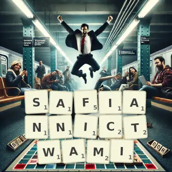 Kreatywna ilustracja do gry w Scrabble ze słowem SAFIANNICTWAMI ułożonym z płytek na planszy.