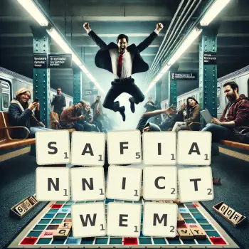 Kreatywna ilustracja do gry w Scrabble ze słowem SAFIANNICTWEM ułożonym z płytek na planszy.