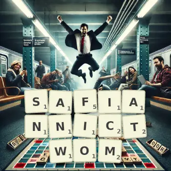 Kreatywna ilustracja do gry w Scrabble ze słowem SAFIANNICTWOM ułożonym z płytek na planszy.