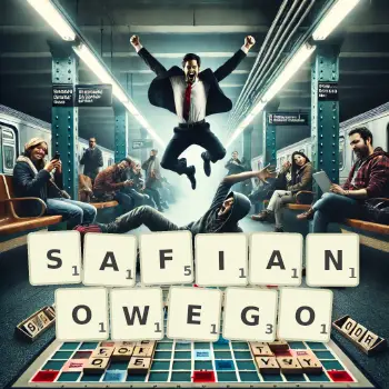 Kreatywna ilustracja do gry w Scrabble ze słowem SAFIANOWEGO ułożonym z płytek na planszy.