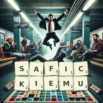 Kreatywna ilustracja do gry w Scrabble ze słowem SAFICKIEMU ułożonym z płytek na planszy.