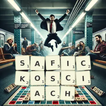 Kreatywna ilustracja do gry w Scrabble ze słowem SAFICKOSCIACH ułożonym z płytek na planszy.