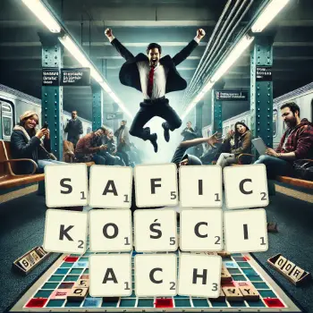 Kreatywna ilustracja do gry w Scrabble ze słowem SAFICKOŚCIACH ułożonym z płytek na planszy.
