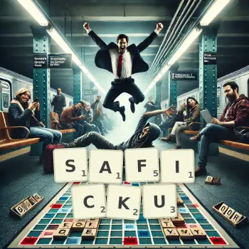Kreatywna ilustracja do gry w Scrabble ze słowem SAFICKU ułożonym z płytek na planszy.
