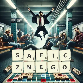 Kreatywna ilustracja do gry w Scrabble ze słowem SAFICZNEGO ułożonym z płytek na planszy.