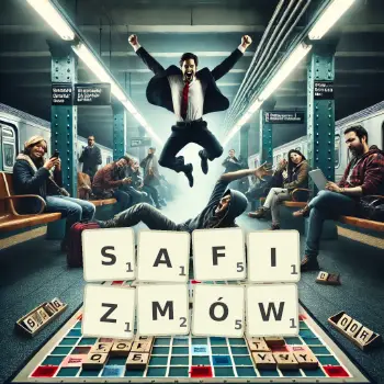 Kreatywna ilustracja do gry w Scrabble ze słowem SAFIZMÓW ułożonym z płytek na planszy.