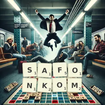 Kreatywna ilustracja do gry w Scrabble ze słowem SAFONKOM ułożonym z płytek na planszy.