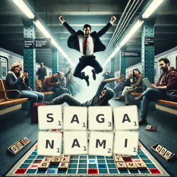 Kreatywna ilustracja do gry w Scrabble ze słowem SAGANAMI ułożonym z płytek na planszy.