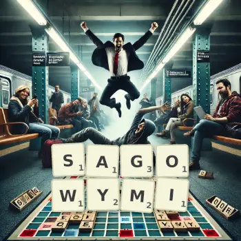 Kreatywna ilustracja do gry w Scrabble ze słowem SAGOWYMI ułożonym z płytek na planszy.