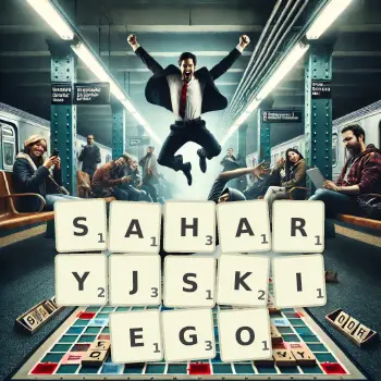 Kreatywna ilustracja do gry w Scrabble ze słowem SAHARYJSKIEGO ułożonym z płytek na planszy.