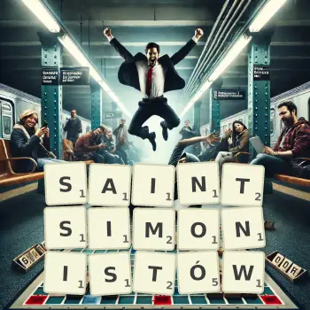 Kreatywna ilustracja do gry w Scrabble ze słowem SAINTSIMONISTÓW ułożonym z płytek na planszy.