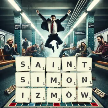 Kreatywna ilustracja do gry w Scrabble ze słowem SAINTSIMONIZMÓW ułożonym z płytek na planszy.