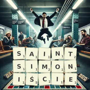 Kreatywna ilustracja do gry w Scrabble ze słowem SAINTSIMONIŚCIE ułożonym z płytek na planszy.