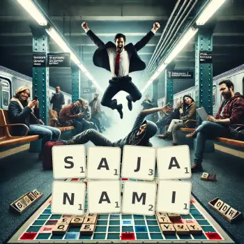 Kreatywna ilustracja do gry w Scrabble ze słowem SAJANAMI ułożonym z płytek na planszy.
