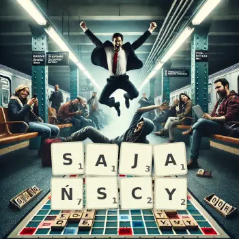 Kreatywna ilustracja do gry w Scrabble ze słowem SAJAŃSCY ułożonym z płytek na planszy.