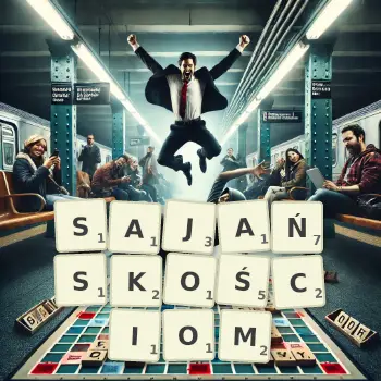 Kreatywna ilustracja do gry w Scrabble ze słowem SAJAŃSKOŚCIOM ułożonym z płytek na planszy.