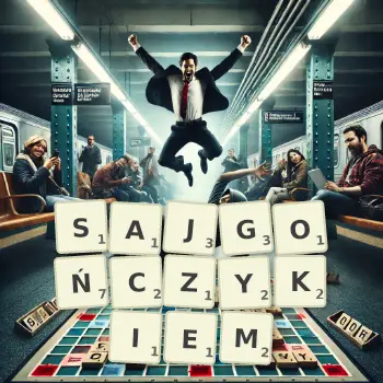 Kreatywna ilustracja do gry w Scrabble ze słowem SAJGOŃCZYKIEM ułożonym z płytek na planszy.