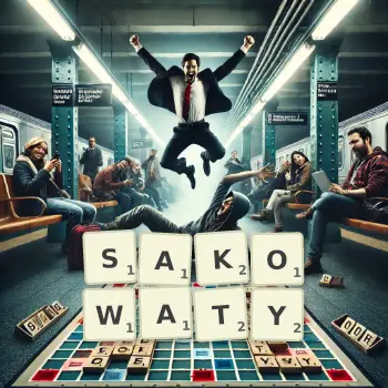 Kreatywna ilustracja do gry w Scrabble ze słowem SAKOWATY ułożonym z płytek na planszy.