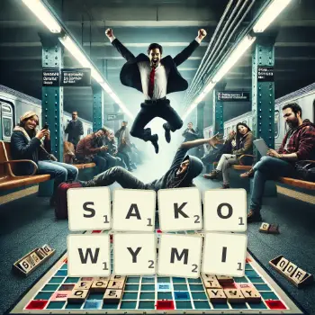 Kreatywna ilustracja do gry w Scrabble ze słowem SAKOWYMI ułożonym z płytek na planszy.