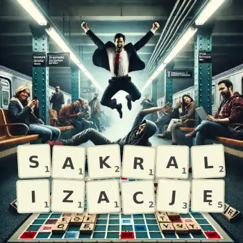 Kreatywna ilustracja do gry w Scrabble ze słowem SAKRALIZACJĘ ułożonym z płytek na planszy.