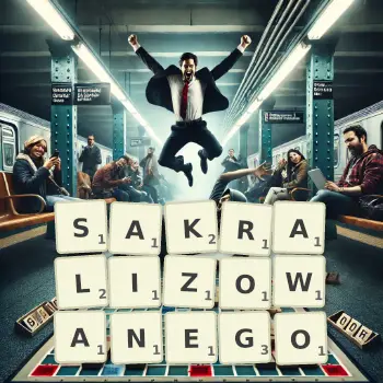 Kreatywna ilustracja do gry w Scrabble ze słowem SAKRALIZOWANEGO ułożonym z płytek na planszy.