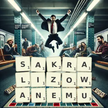 Kreatywna ilustracja do gry w Scrabble ze słowem SAKRALIZOWANEMU ułożonym z płytek na planszy.