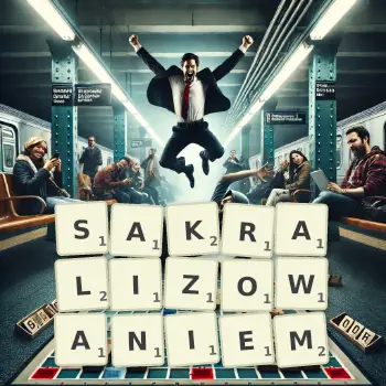 Kreatywna ilustracja do gry w Scrabble ze słowem SAKRALIZOWANIEM ułożonym z płytek na planszy.