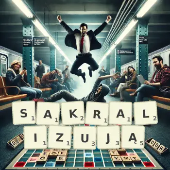 Kreatywna ilustracja do gry w Scrabble ze słowem SAKRALIZUJĄ ułożonym z płytek na planszy.