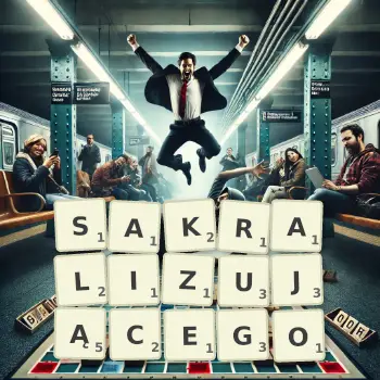 Kreatywna ilustracja do gry w Scrabble ze słowem SAKRALIZUJĄCEGO ułożonym z płytek na planszy.