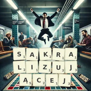 Kreatywna ilustracja do gry w Scrabble ze słowem SAKRALIZUJĄCEJ ułożonym z płytek na planszy.