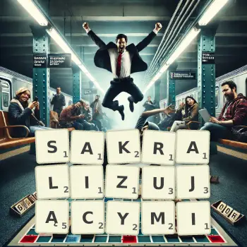 Kreatywna ilustracja do gry w Scrabble ze słowem SAKRALIZUJĄCYMI ułożonym z płytek na planszy.